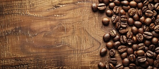 Aufkleber - Coffee beans spread out across a wooden table with a blank space for text or images like a copy space image