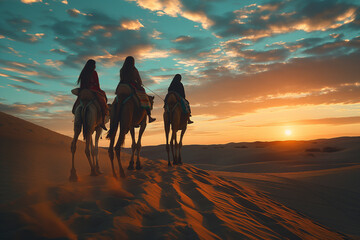 Canvas Print - Adventure Camel Safari with Friends in Desert