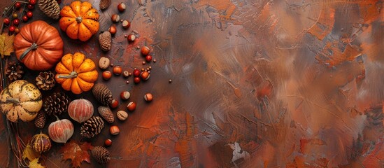 Canvas Print - Autumn themed arrangement featuring pumpkins hazelnuts and cones on a textured surface with a fall aesthetic Top down view with space for text or images. Creative banner. Copyspace image