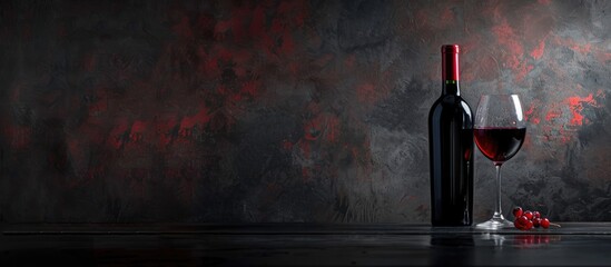 Poster - A dark bottle and glass of red dry wine placed on a table with space for text or graphics in the background. Creative banner. Copyspace image