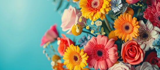 Poster - Colorful flowers bouquet on a table with turquoise background and copy space image