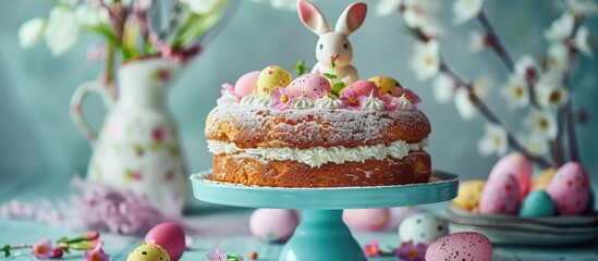 Aufkleber - A close up copy space image featuring a cake the Easter Bunny and colorful eggs is captured beautifully