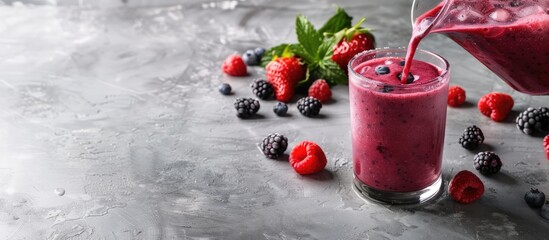 Poster - Berry smoothie being poured into a highball glass on a concrete countertop with a blank space for an image. Creative banner. Copyspace image