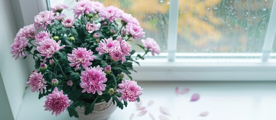 Sticker - Chrysanthemum flowers in a lovely pot are on a white windowsill indoors viewed from above with a backdrop for text in the image. Creative banner. Copyspace image