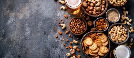 Poster - Top view of assorted nuts lager beer and snacks displayed on a stone table with plenty of space for additional content in the image