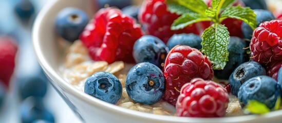 Canvas Print - A bowl of oatmeal porridge topped with colorful fresh berries is featured in the copy space image