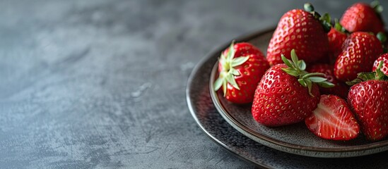 Poster - Close up of ripe strawberries on a plate with available copy space image