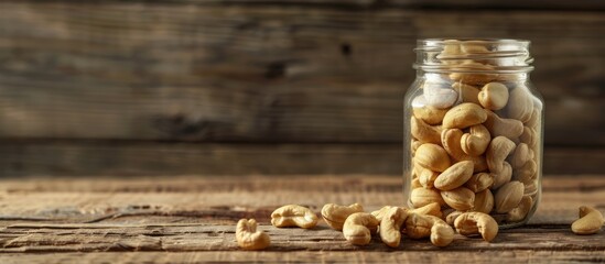 Aufkleber - Cashew nuts displayed in a glass jar on a wooden background with copy space image