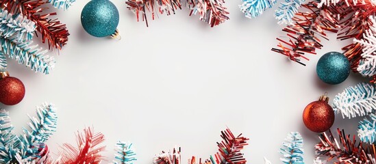 Poster - Top view flat lay of decorative frame on white backdrop with tinsel and Christmas balls ideal for holiday greetings portrays a festive Copy space image for Christmas and New Year celebrations