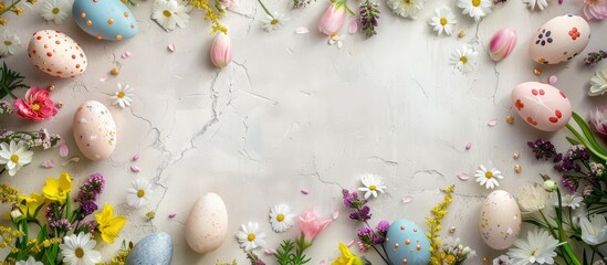 Leinwandbilder - Top down view of Easter themed background featuring eggs spring flowers and a blank space for adding text or images. Creative banner. Copyspace image