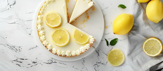 Poster - Cheesecake viewed from the top on white boards with lemon slices creating a picturesque copy space image