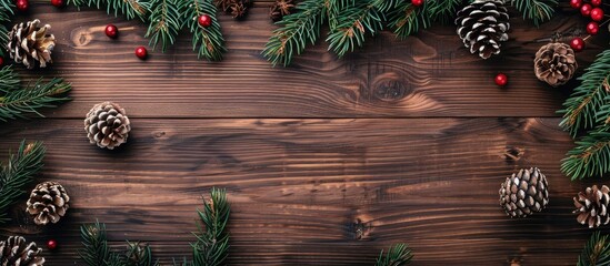 Poster - A Christmas decor viewed from above on a wooden backdrop perfect for a copy space image
