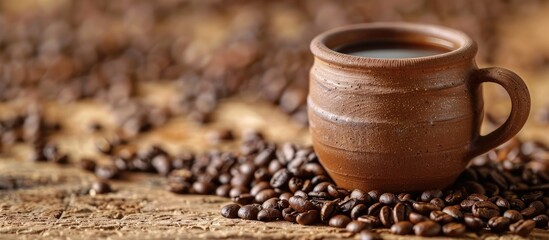 Poster - Coffee filled clay cup with grains in the background perfect for a copy space image