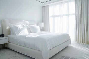 Wall Mural - serene white hotel bedroom with minimalist decor and large windows soft natural light illuminates crisp linens and carefully chosen accent pieces creating an atmosphere of calm luxury