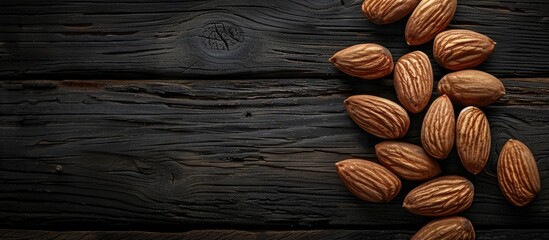 Aufkleber - Almonds positioned on a dark wooden surface with a focus on their organic protein rich nature creating a background with room for additional images