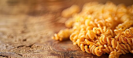 Poster - A close up of spicy instant noodle paste on a wooden surface as a copy space image ready for consumption