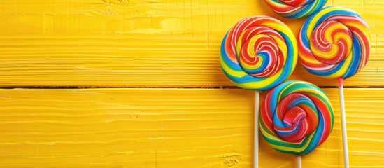 Poster - Colorful rainbow lollipop candy displayed on a vibrant yellow wooden table suitable for Halloween events or children s parties with copy space image