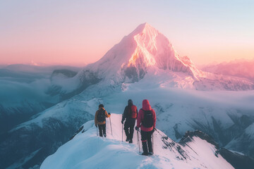 Wall Mural - Hikers reaching snow-covered mountain summit