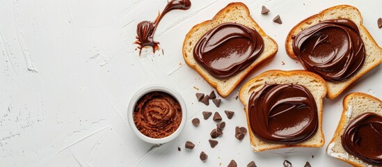 Poster - Bengali slice bread with chocolate spread displayed in a flatlay image on a white background with available copy space