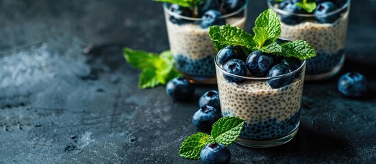 Poster - Chia seed pudding with fresh blueberries and mint leaves is a vegetarian and vegan dish with a homemade appearance shown in a tantalizing copy space image