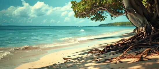 Aufkleber - Beach scene with tree roots on the sand creating a scenic copy space image