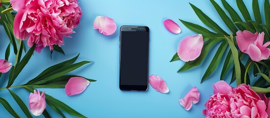 Poster - Desk at home office adorned with blooming peonies and a contemporary smartphone mock up on a blue background with spacious copy space image