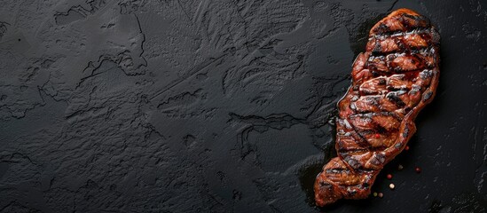 Poster - Top view of a BBQ Strip New York steak on a black background with copy space image