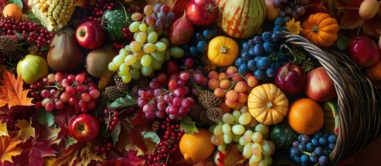 Poster - Autumn s bounty displayed in a fall harvest cornucopia with an array of fruits and vegetables creating a picturesque arrangement in a copy space image