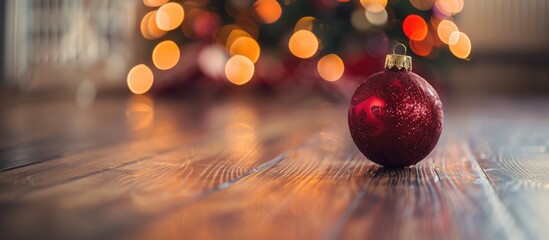 Leinwandbilder - A close up of a Christmas tree ball decoration on a wooden floor with a bright Christmas tree in the background creating a festive holiday atmosphere with copy space image