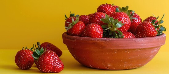 Aufkleber - A clay bowl filled with fresh organic strawberries set against a yellow backdrop offering ample copy space for your own design in the image