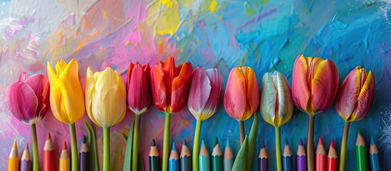 Poster - Colorful tulips displayed against a backdrop of assorted pencil hues creating a vibrant artistic copy space image