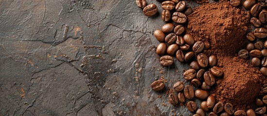 Aufkleber - Coffee beans and ground powder placed on a stone surface seen from above with available copy space image