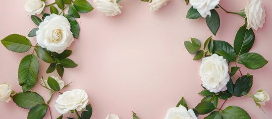 Aufkleber - Circular frame with white roses and green leaves on a soft pink backdrop for a flat lay top view suitable for a copy space image like a flower card or greeting for Women s Day celebrations