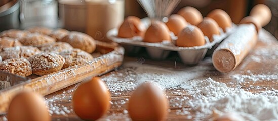 Poster - A baking scene with cakes eggs in a tray a rolling pin and a whisk on a table with flour and a blank background for a copy space image