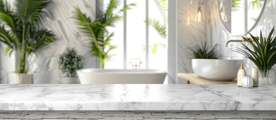 Sticker - Blank marble table with blurred bathroom backdrop suitable for product display montage features ample copy space image