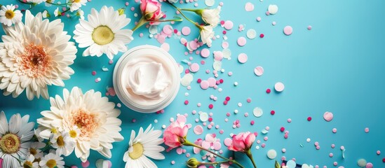 Poster - Cosmetic items with flowers confetti and accessories displayed against a blue background ideal for copy space image