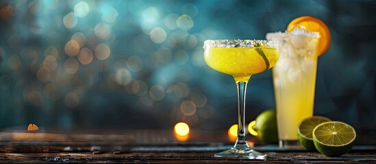 Poster - Classic Margarita and Daiquiri cocktails displayed on a dark wooden table with a clear space for text or images. Creative banner. Copyspace image
