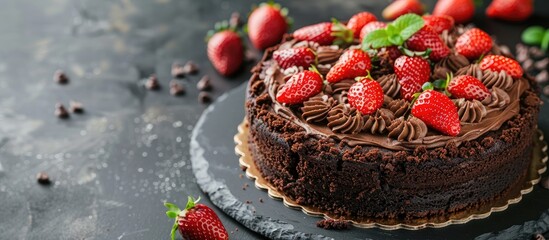 Aufkleber - Chocolate cake with strawberry on a table perfect for desserts with a blank copy space image available