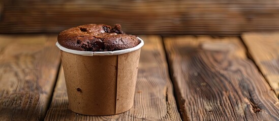 Poster - A brownie cake rests in a paper cup on a wooden table providing a backdrop for free text and advertising in the copy space image