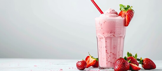 Poster - A delicious pink beverage made from strawberries and milk displayed on a white backdrop providing a clear view of the drink perfect for a copy space image