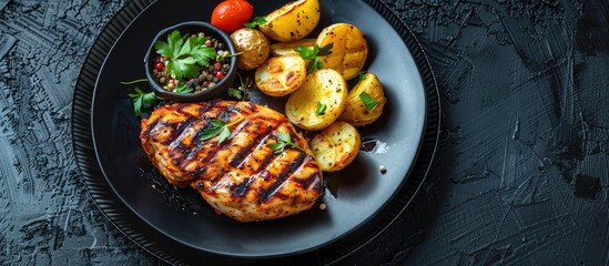 Poster - A black plate with grilled chicken steak seasoned potatoes set against a textured dark background ideal for a copy space image