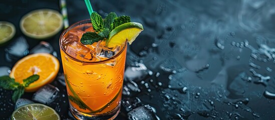 Aufkleber - Close up view of a refreshing mocktail in a citrus glass with ice straw lime and mint on a dark table with copy space image