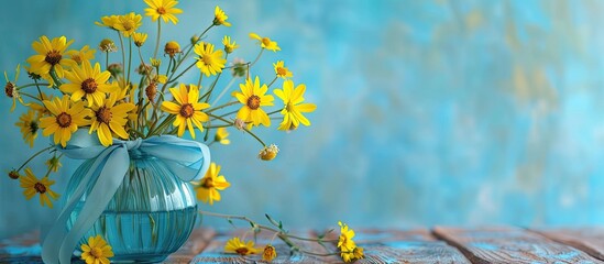 Poster - A dainty arrangement of vibrant yellow wildflowers in a clear blue vase with a matching ribbon set on a wooden surface against a blue background Copy space image