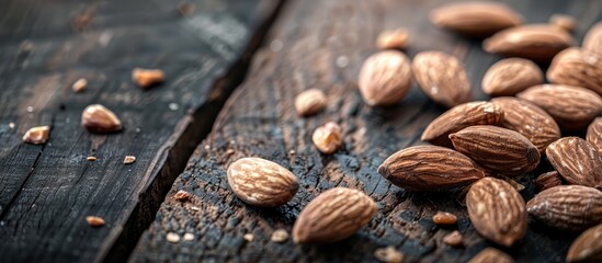 Aufkleber - Almonds positioned on a dark wooden surface with a focus on their organic protein rich nature creating a background with room for additional images