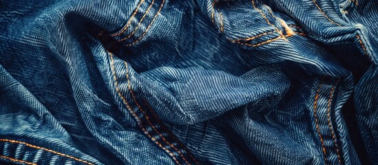 Denim jeans background with a blue color scheme showcasing a detailed texture of the denim fabric ideal for showcasing a copy space image