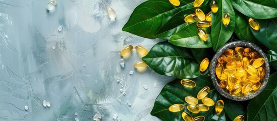 Poster - Top view of capsules containing fish oil and vitamin C arranged among green leaves creates a health care concept with healthy food displayed in the copy space image