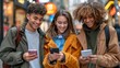 © Iuliia Metkalova - Happy multiracial teenagers friends holding mobile phones watching video, chatting, communication online. Technology addiction, social media concept. Gen Alpha kids. Generative ai.