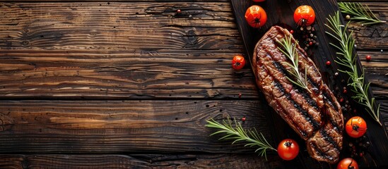 Poster - Beef steak on a dark wooden table with copy space image