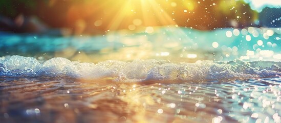 Poster - Abstract background of a blurred tropical beach illuminated by bokeh sunlight waves ideal for promoting outdoor summer vacations with a vintage color filter effect Features ample copy space image