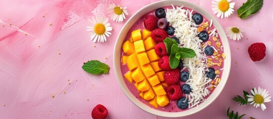 Aufkleber - Top view of a berry smoothie bowl with mango and coconut perfect for a copy space image